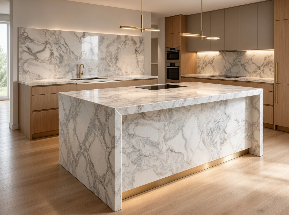 Oyster White Marble kitchen countertops and waterfall island with matching full-height backsplash in a luxury kitchen Oyster White Marble kitchen countertops and waterfall island with matching full-height backsplash in a luxury kitchen