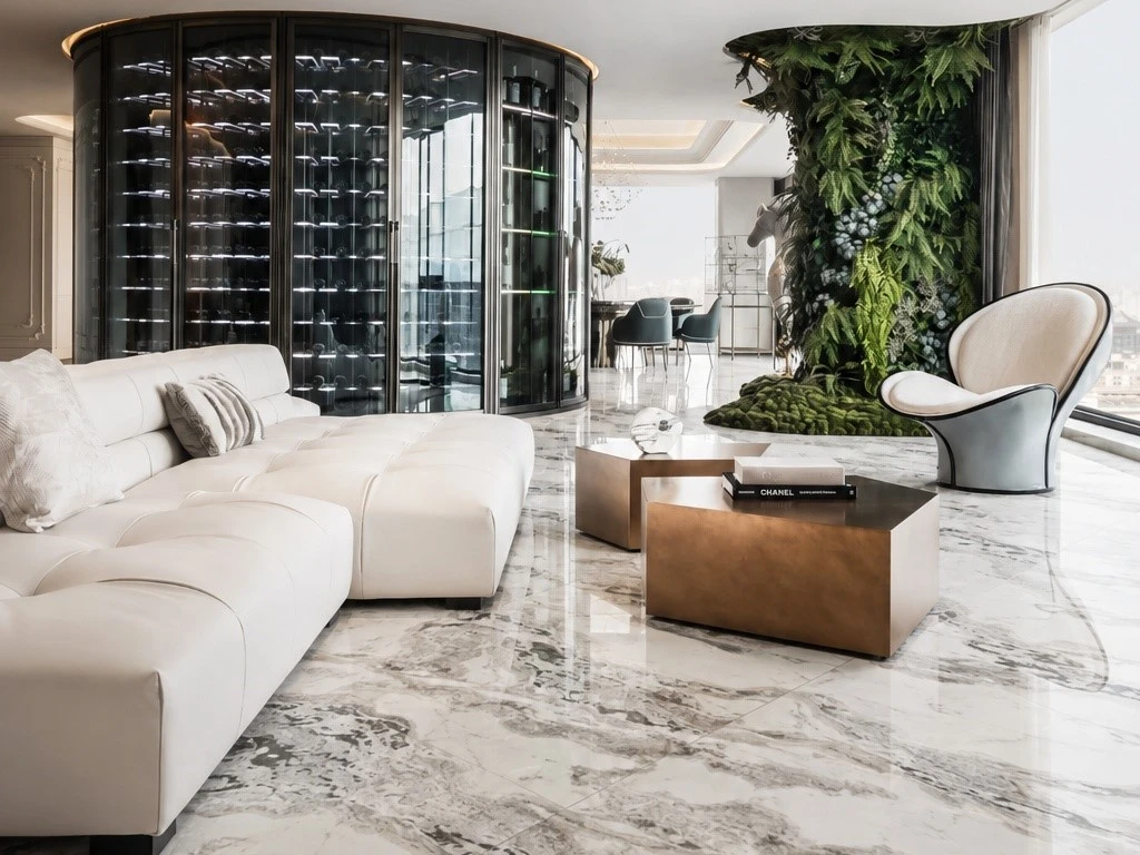 Oyster White Marble floor tiles installed in a luxury living room with polished surfaces and visible stone variation Oyster White Marble floor tiles installed in a luxury living room with polished surfaces and visible stone variation
