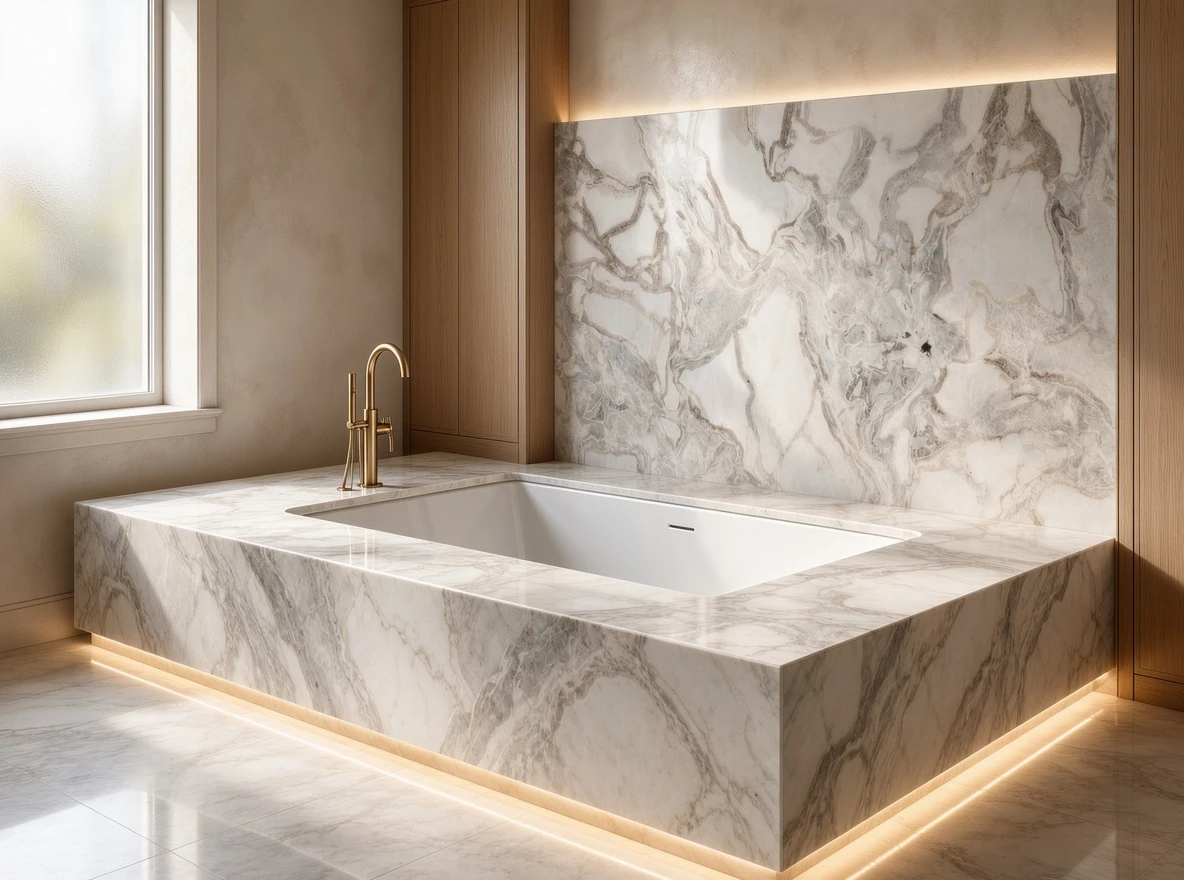 Oyster White Marble bathtub deck and surrounds with warm wood cabinetry and integrated lighting in a luxury bathroom Oyster White Marble bathtub deck and surrounds with warm wood cabinetry and integrated lighting in a luxury bathroom